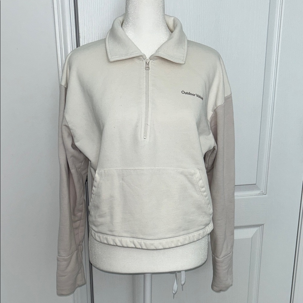 Outdoor Voices Women’s Pickup Half Zip Pullover Crop Sweatshirt Ivory Pink Small